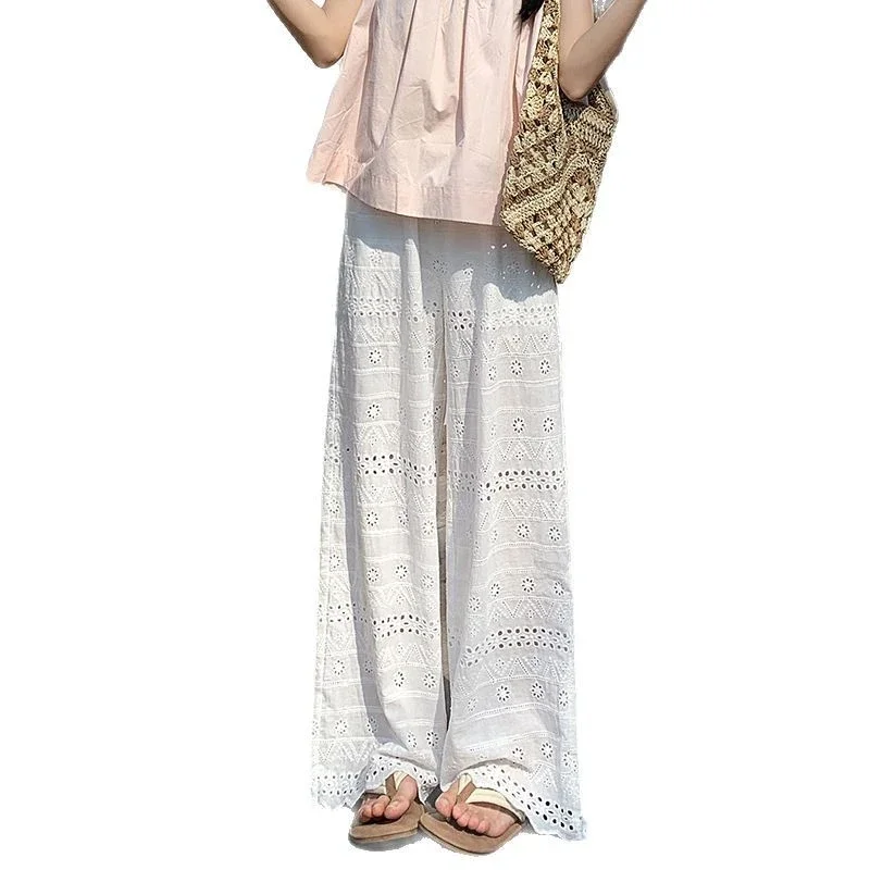 White Lace Hollow-out Women's Wide-leg Pants