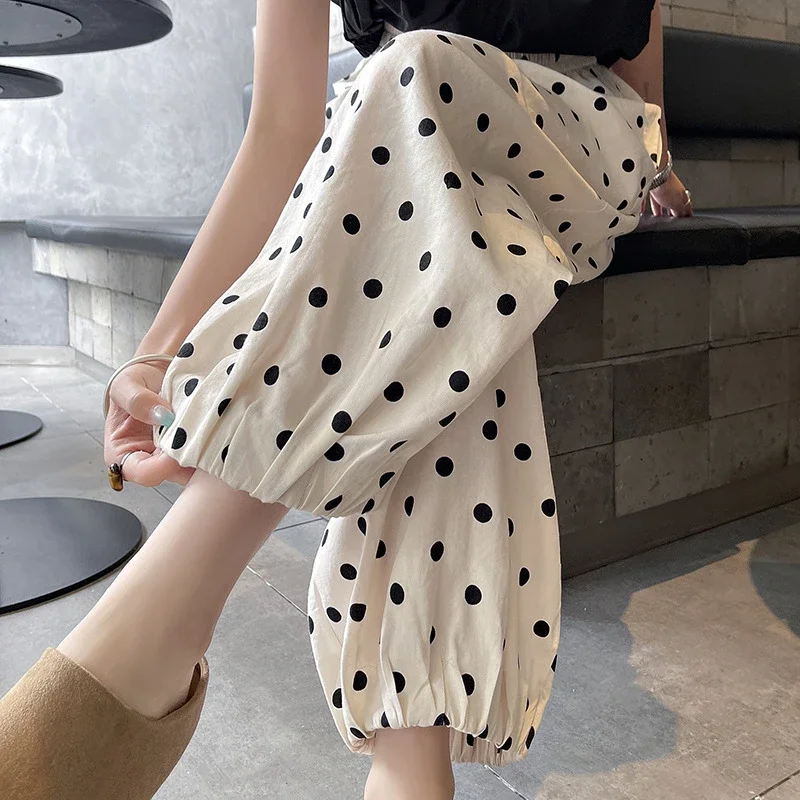 Women's Summer Ice Silk Polka Dot Cotton-Linen Pants