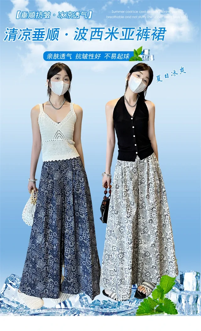 2025 Summer Women's French Retro Print A-line Wide-leg Capris Detail