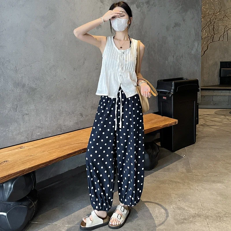 Women's Summer Ice Silk Polka Dot Cotton-Linen Pants