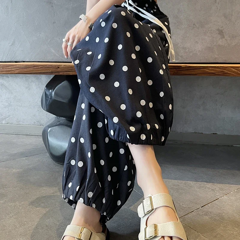 Women's Summer Ice Silk Polka Dot Cotton-Linen Pants