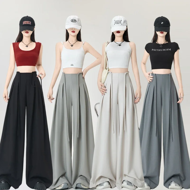 French High-Waist Drawstring Wide-Leg Pants 2025 Summer New