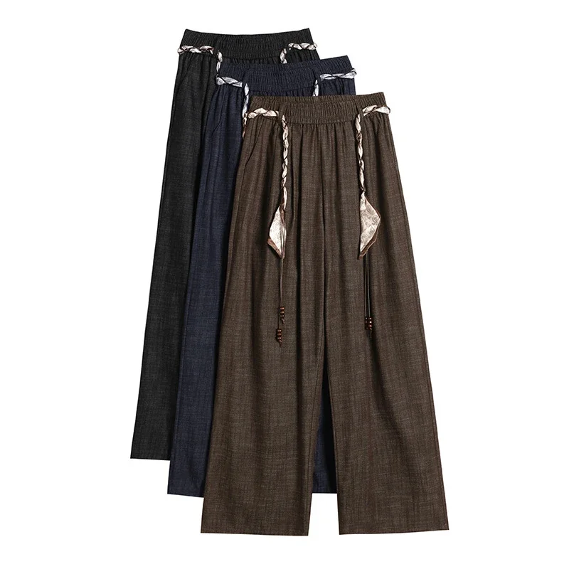 Women's 2025 Early Autumn Silk Scarf Tie Wide-Leg Pants