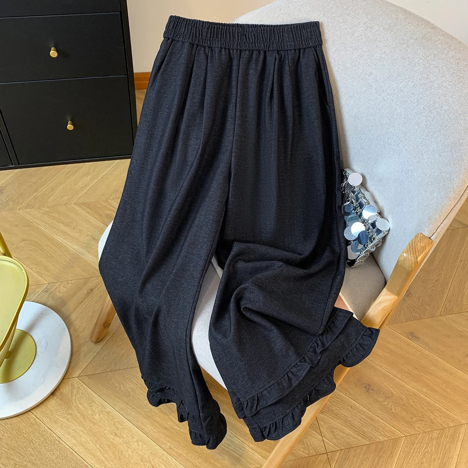 2025 Autumn New Thickened Tencel Denim Ruffle Trim Relaxed Fit Straight Cropped Pants for Women