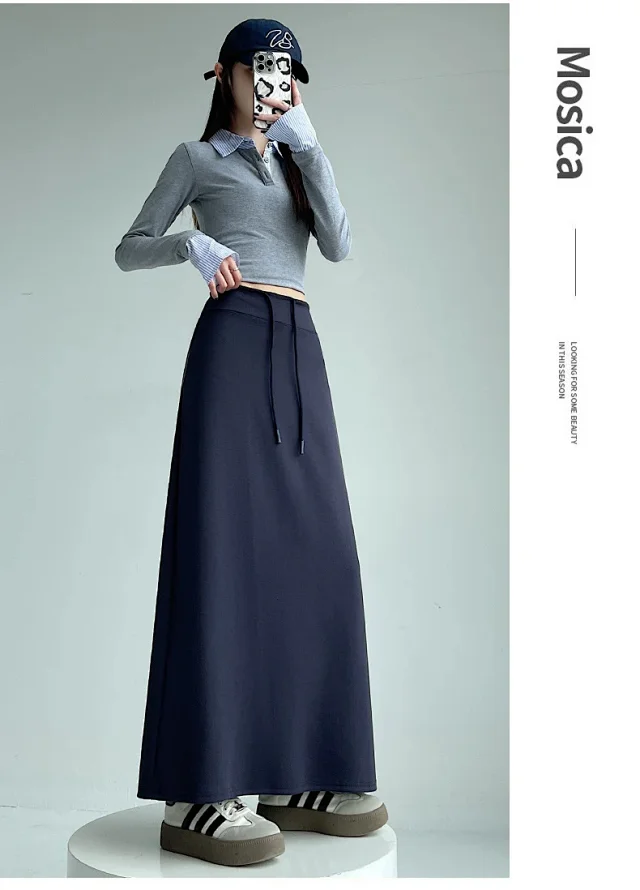 25 Korean Style Autumn-Winter Casual Drawstring Elastic Waist A-line Midi Skirt with Slit Detail