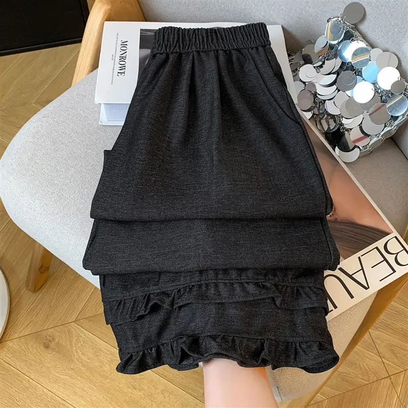 2025 Autumn New Thickened Tencel Denim Ruffle Trim Relaxed Fit Straight Cropped Pants for Women