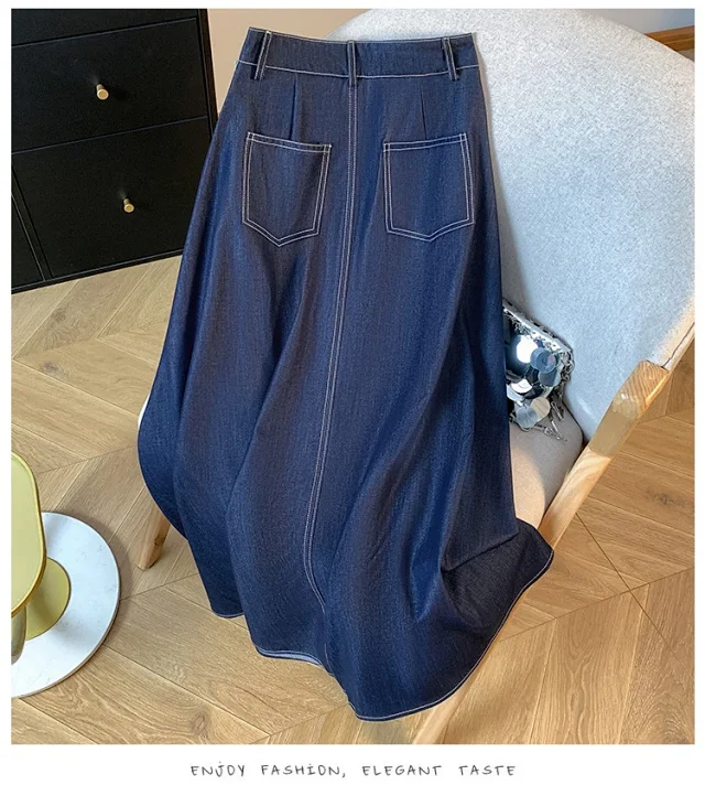 Denim Blue 2025 Tencel Denim Midi A-Line Skirt Detail