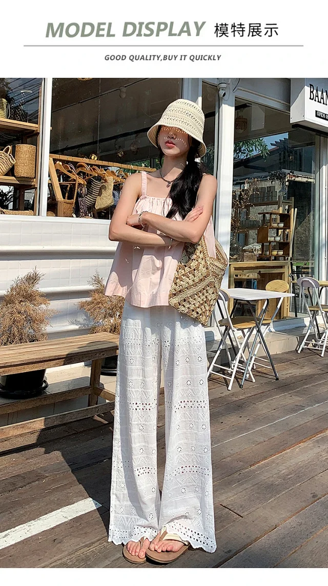 White Lace Hollow-out Women's Wide-leg Pants Detail