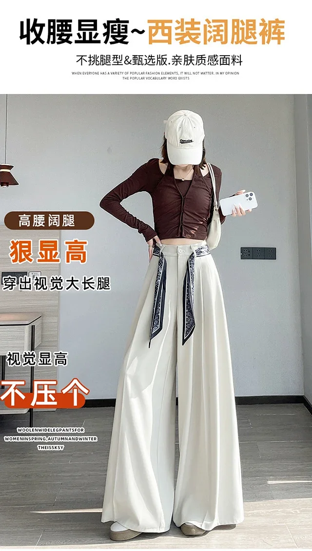 2025 New Women's Silk Belt Drapey Wide - Leg Pants Detail