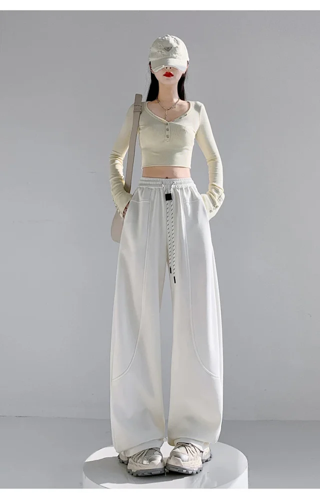 2025 Fall New White Banana Wide - Leg Pants Detail
