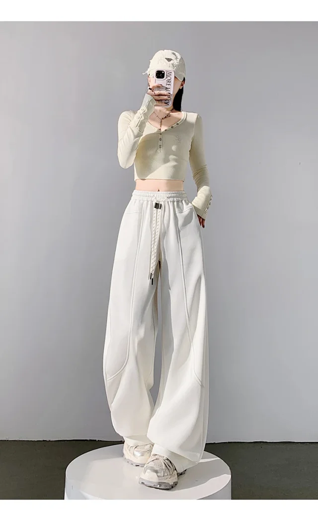 2025 Fall New White Banana Wide - Leg Pants Detail