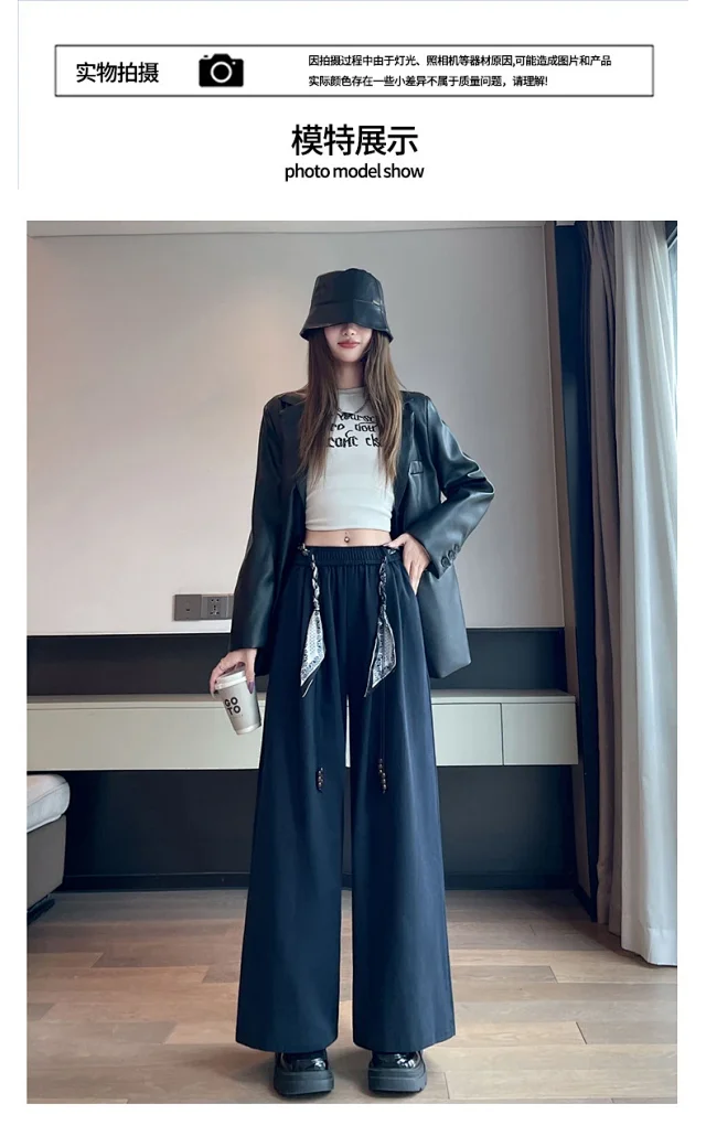 2025 Early Fall Korean-style Wide-leg Pants with Scarf Detail
