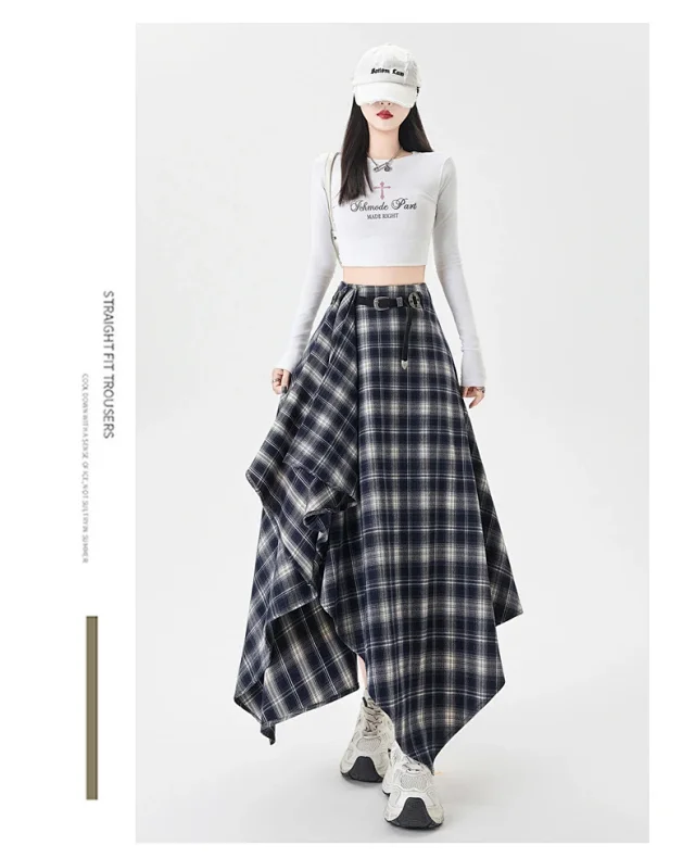 2025 Fall New Korean Black Plaid Irregular High-Waist Midi Skirt for Petite Cuties Detail