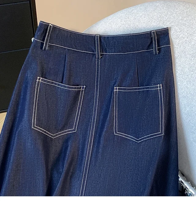 Denim Blue 2025 Tencel Denim Midi A-Line Skirt Detail