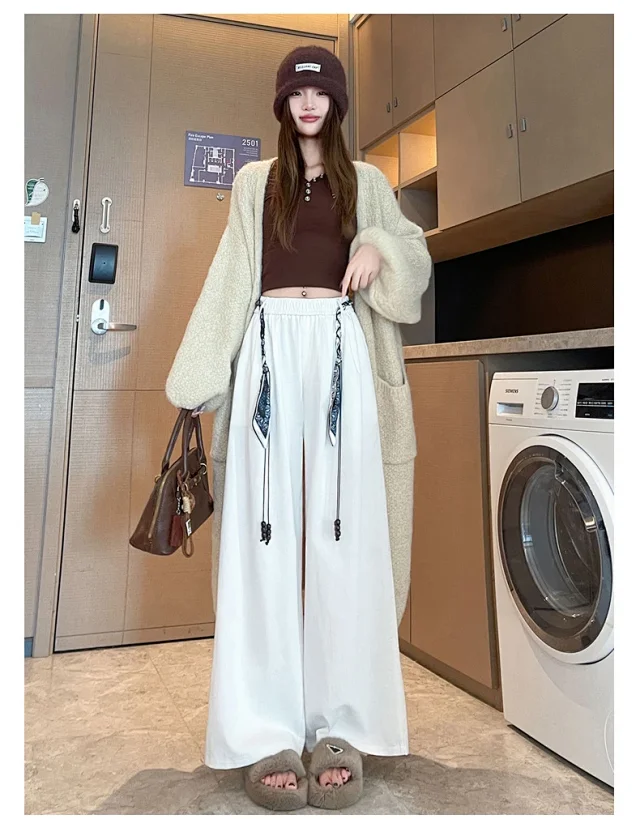 2025 Early Fall Korean-style Wide-leg Pants with Scarf Detail