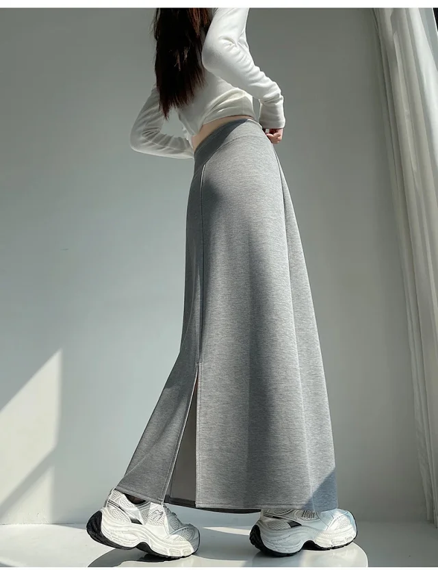 25 Korean Style Autumn-Winter Casual Drawstring Elastic Waist A-line Midi Skirt with Slit Detail