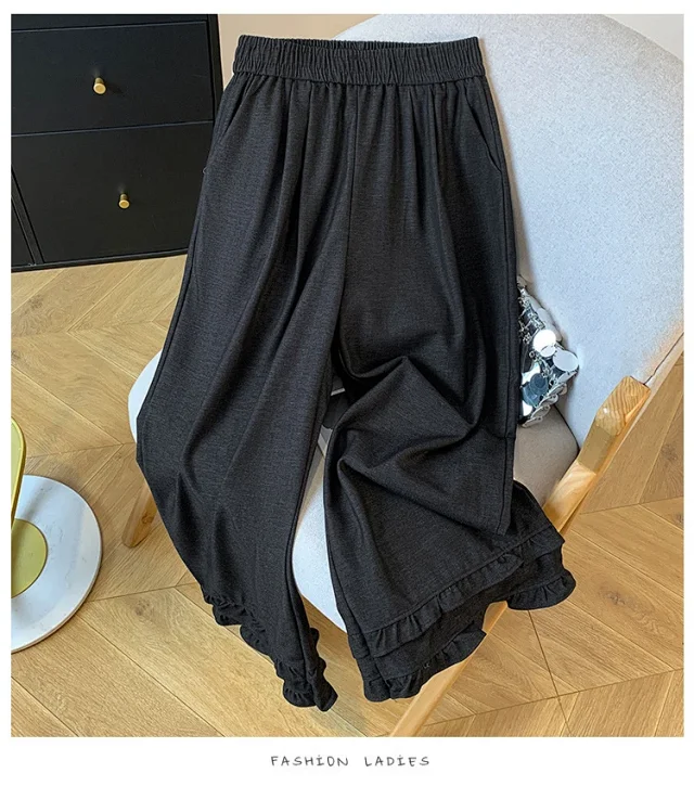 2025 Autumn New Thickened Tencel Denim Ruffle Trim Relaxed Fit Straight Cropped Pants for Women Detail