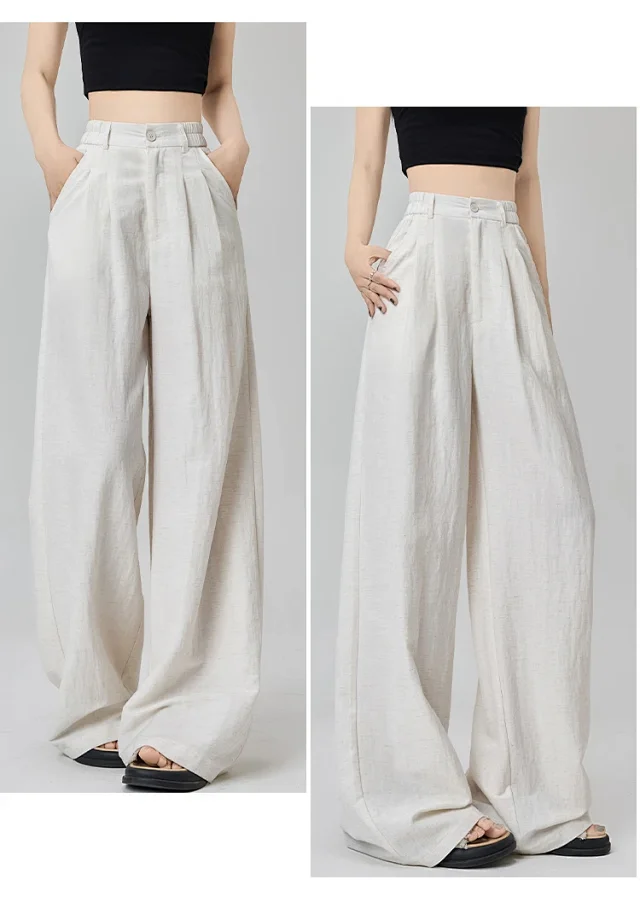 Women's White Linen Wide-Leg Pants Detail
