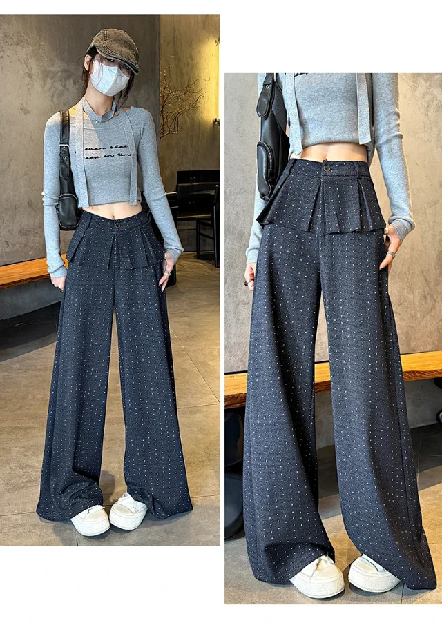 2025 AW Korean Ins Woolen Polka Dot Wide-Leg Pants Detail