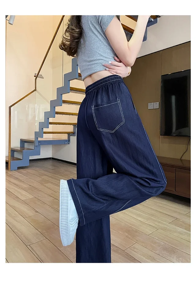 2025 Summer Women's Navy Tencel Wide-Leg Jeans Detail