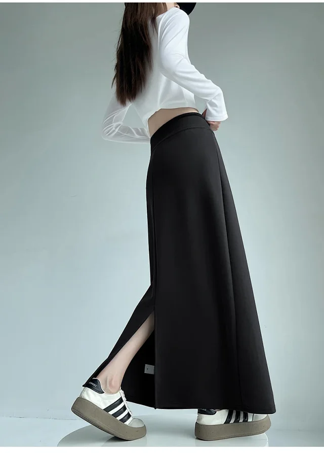 25 Korean Style Autumn-Winter Casual Drawstring Elastic Waist A-line Midi Skirt with Slit Detail
