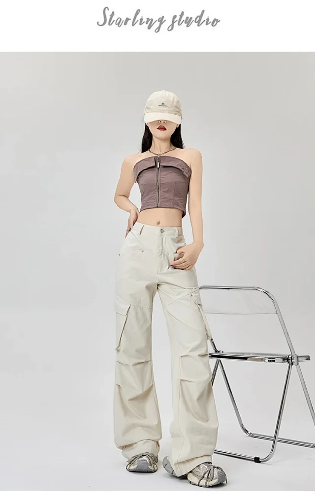 American Retro Pleated Multi-pocket Streetwear Cargo Pants Detail