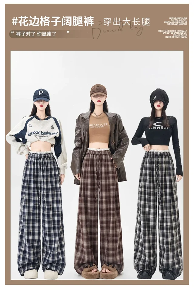 Lace Trimmed Plaid Wide-Leg Pants for Women Detail
