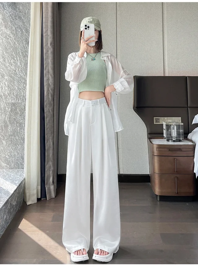 Women's 2025 Summer Ice Silk Acetate Wide - Leg Pants Detail