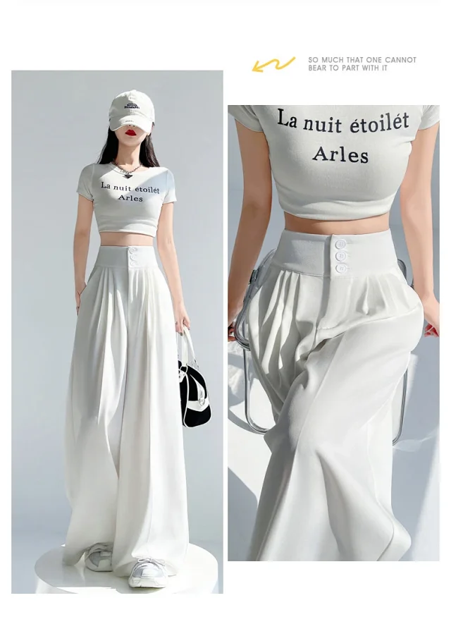 2025 White Wide - leg Ice Silk Trousers for Women Detail