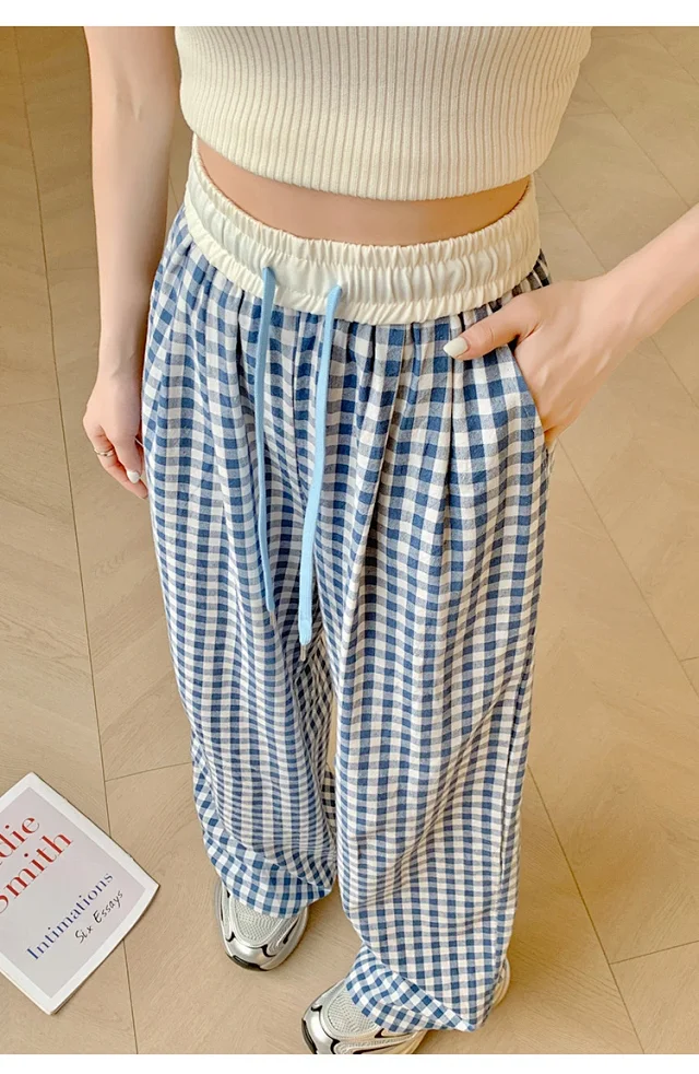 2025 Summer Thin High - waisted Retro Plaid Wide - leg Pants Detail