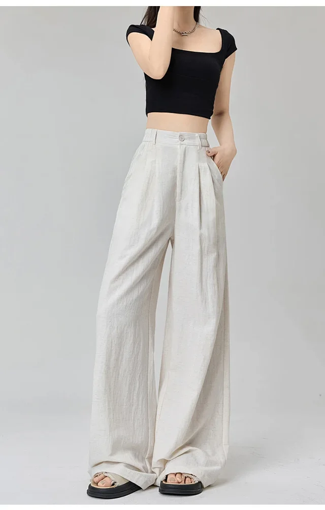 Women's White Linen Wide-Leg Pants Detail