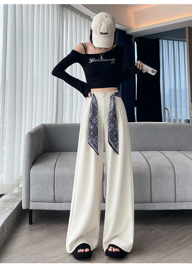 2025 Women's Wide-Leg High-Waist Suit Pants with Scarf Belt Detail
