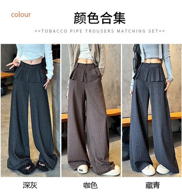 2025 AW Korean Ins Woolen Polka Dot Wide-Leg Pants Detail