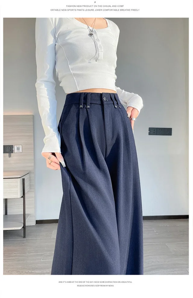 2025 Autumn Denim Blue High - waisted Wide - leg Pants for Women Detail