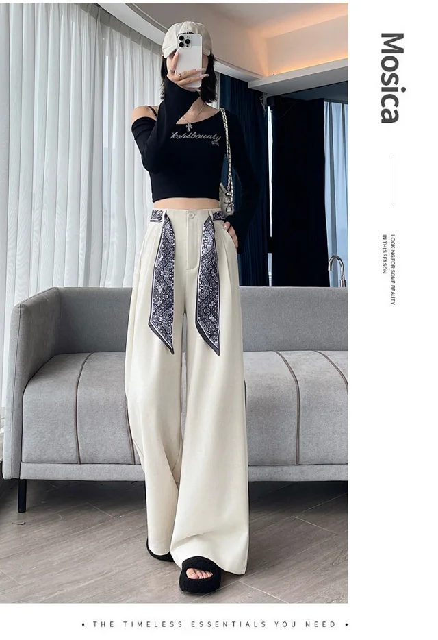 2025 Women's Wide-Leg High-Waist Suit Pants with Scarf Belt Detail