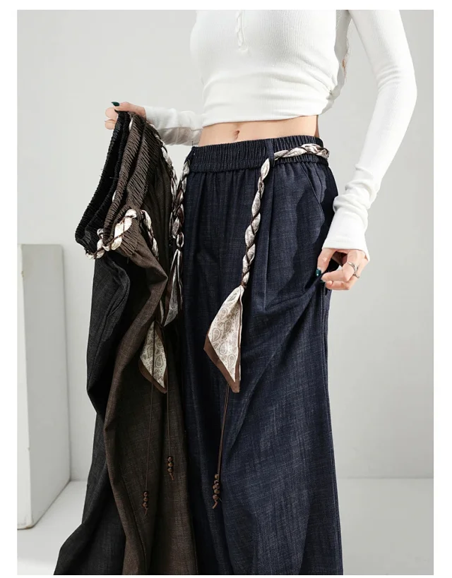 Women's 2025 Early Autumn Silk Scarf Tie Wide-Leg Pants Detail