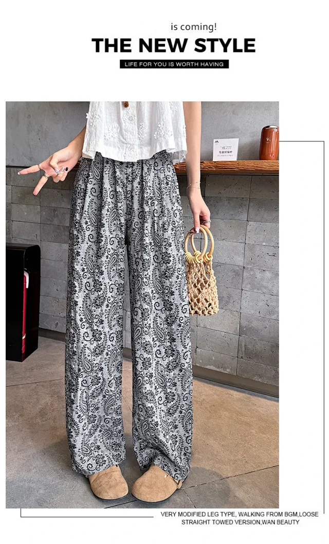 Linen Jacquard Wide-Leg Pants for Women Detail