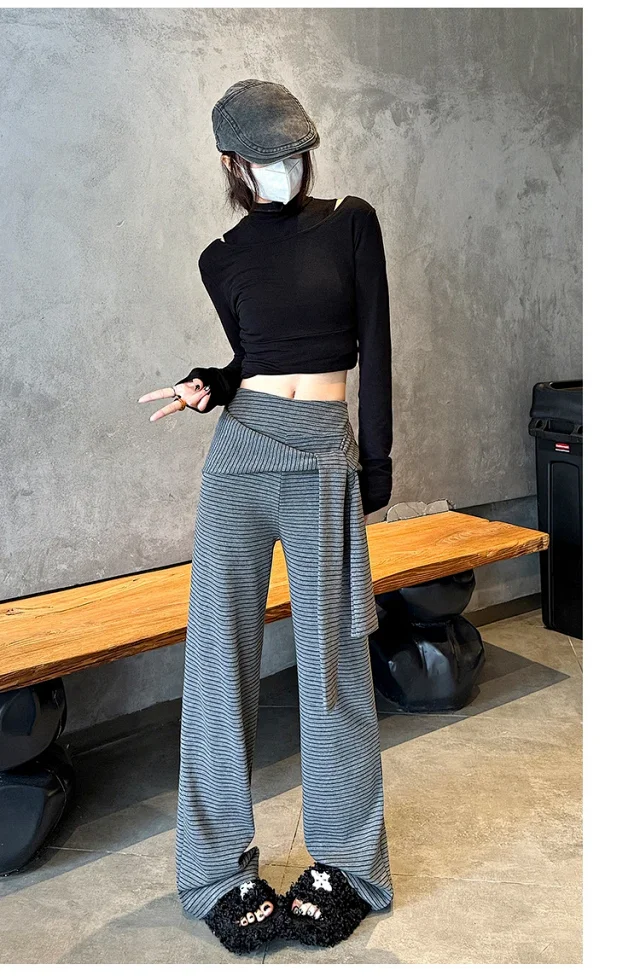 Women's 2025 Autumn Strap Striped Wide - leg Pants Detail