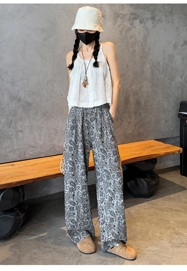 Linen Jacquard Wide-Leg Pants for Women Detail
