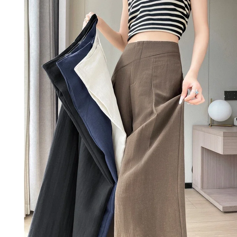 Navy Linen Wide-leg Pants