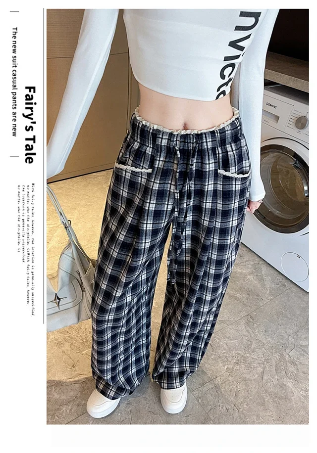 Lace Trim Plaid Wide-Leg Pants 2025 Fall Detail