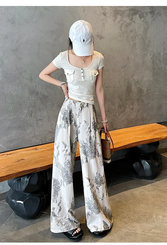 Vintage Ink Print Linen Pants Detail