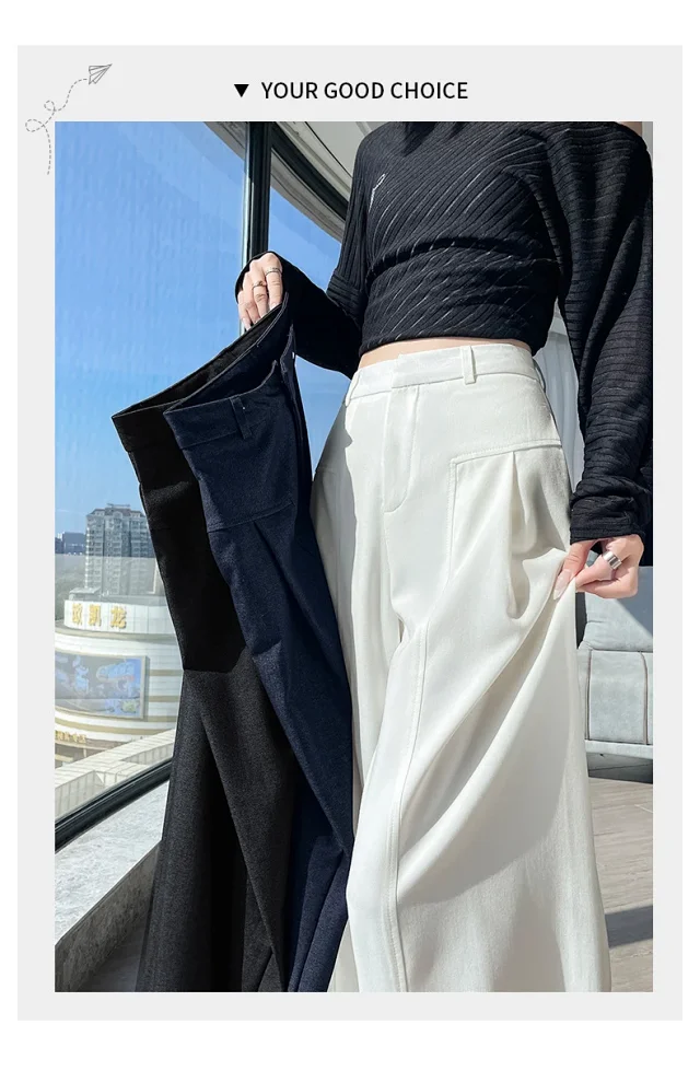 2025 Fall Old Money Style Navy Faux Denim Wide-Leg Pants for Women Detail