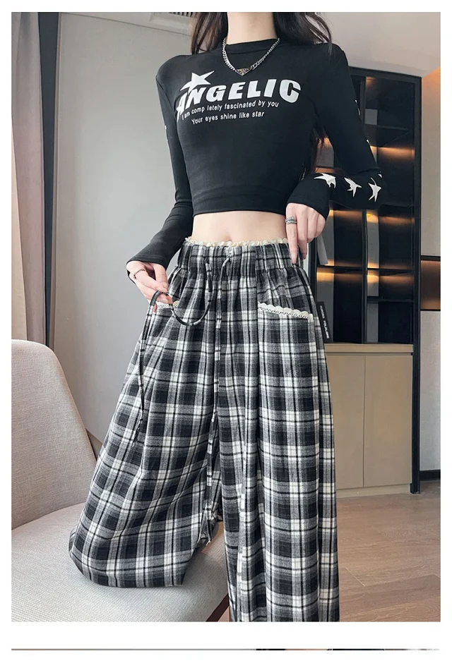 Lace Trim Plaid Wide-Leg Pants 2025 Fall Detail