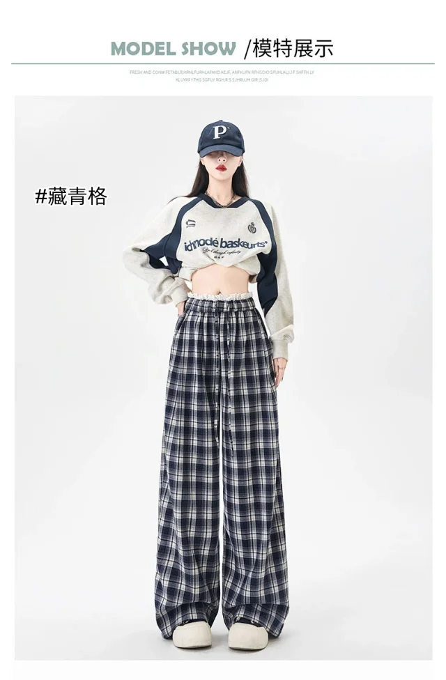 Lace Trimmed Plaid Wide-Leg Pants for Women Detail
