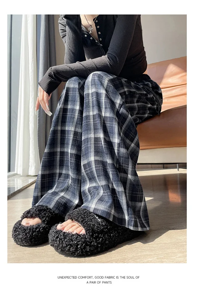 Women's Vintage Plaid Loose High-Waist Pants Detail