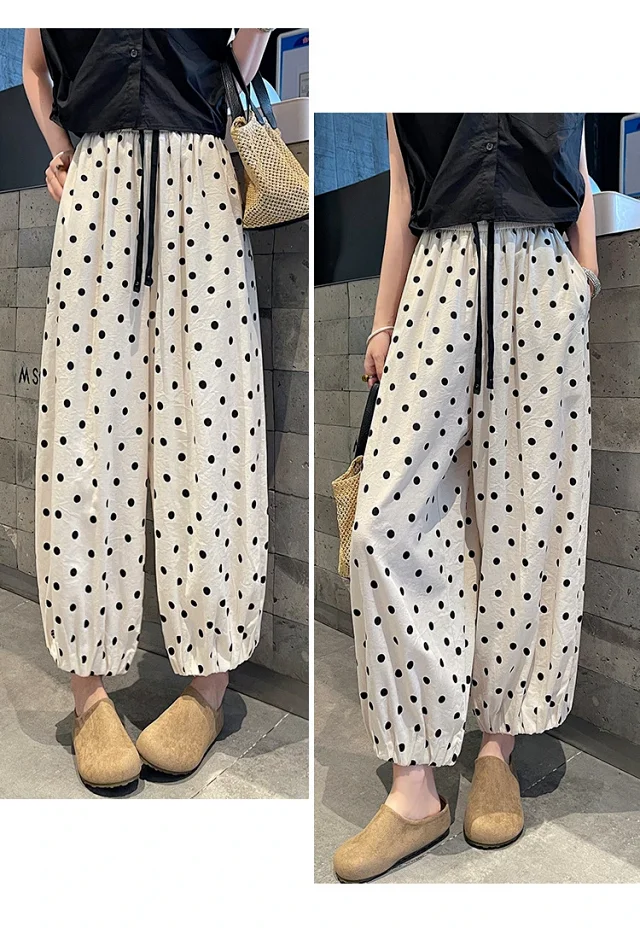 Women's Summer Ice Silk Polka Dot Cotton-Linen Pants Detail