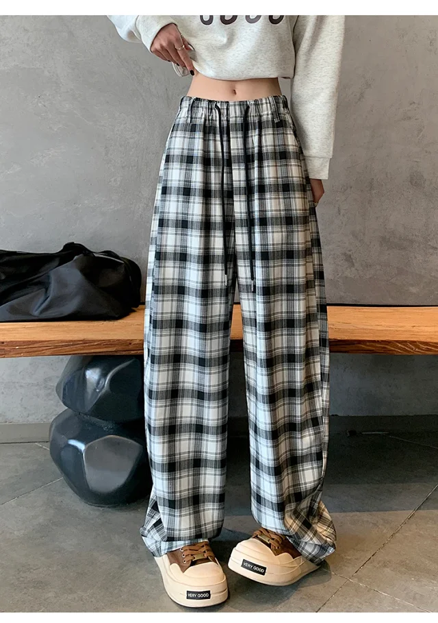 Women's 2025 Fall High-Waist Drawstring Plaid Pants Detail