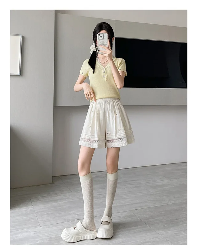 Korean Lace Patchwork Hollow Wide - leg Pants Detail