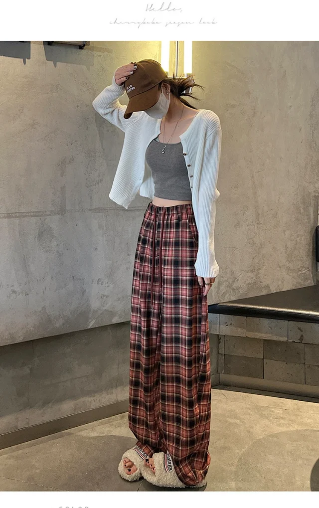 Women's 2025 Fall High-Waist Drawstring Plaid Pants Detail